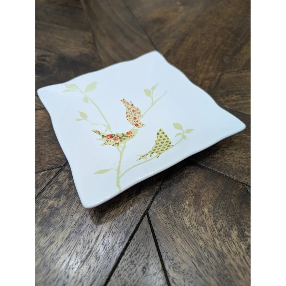 222 Fifth Chintz Birds Square Appetizer Plates Set of 4 White Floral Birds 5.5in